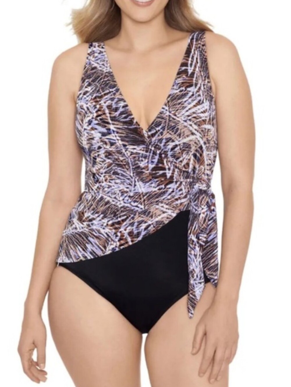 Plus-Size 20 2x Black Brown Printed One-Piece Swimsuit with Side Tie Womens